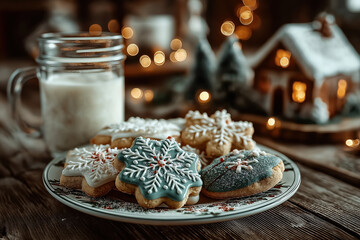 Cookies de Noël faits maison avec verre de lait, décorations festives et ambiance chaleureuse hivernale, tradition gourmande du Père Noël