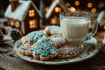 Cookies de Noël faits maison avec verre de lait, décorations festives et ambiance chaleureuse hivernale, tradition gourmande du Père Noël
