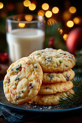 Cookies de Noël faits maison avec verre de lait, décorations festives et ambiance chaleureuse hivernale, tradition gourmande du Père Noël