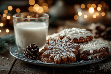 Cookies de Noël faits maison avec verre de lait, décorations festives et ambiance chaleureuse hivernale, tradition gourmande du Père Noël