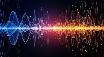 Abstract visualization of sound waves in blue and orange hues, representing audio frequencies and energy.