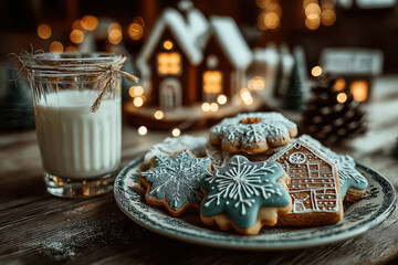 Cookies de Noël faits maison avec verre de lait, décorations festives et ambiance chaleureuse hivernale, tradition gourmande du Père Noël
