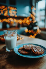 Cookies de Noël faits maison avec verre de lait, décorations festives et ambiance chaleureuse hivernale, tradition gourmande du Père Noël