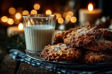 Cookies de Noël faits maison avec verre de lait, décorations festives et ambiance chaleureuse hivernale, tradition gourmande du Père Noël