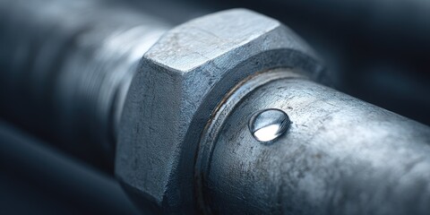 Close-up view of a metallic pipe fitting with a droplet of water showcasing intricate details in a workshop setting