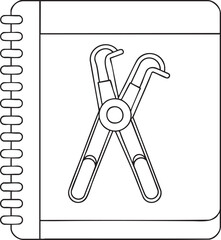 Dental pliers on notebook page outline illustration representing dental care, learning, and education concept