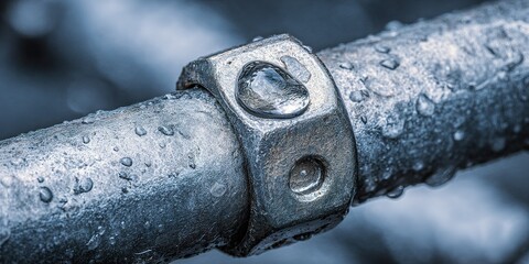 Close-up of a water droplet on a metallic pipe fitting during a rainy day in an industrial area