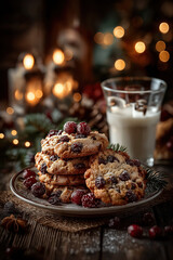 Cookies de Noël faits maison avec verre de lait, décorations festives et ambiance chaleureuse hivernale, tradition gourmande du Père Noël