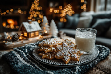 Cookies de Noël faits maison avec verre de lait, décorations festives et ambiance chaleureuse hivernale, tradition gourmande du Père Noël