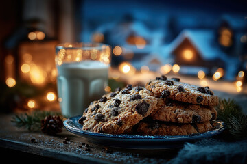 Cookies de Noël faits maison avec verre de lait, décorations festives et ambiance chaleureuse hivernale, tradition gourmande du Père Noël