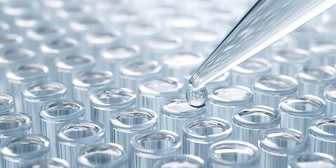 Test tubes arranged in rows with a pipette dispensing a drop of liquid in a laboratory setting