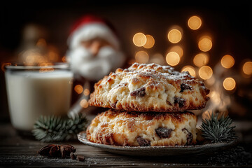 Cookies de Noël faits maison avec verre de lait, décorations festives et ambiance chaleureuse hivernale, tradition gourmande du Père Noël