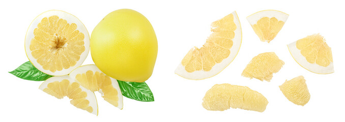 pomelo with slice and leaf isolated on white background with full depth of field. Top view. Flat...