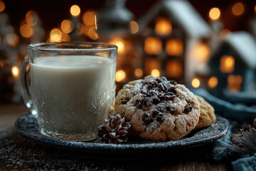 Cookies de Noël faits maison avec verre de lait, décorations festives et ambiance chaleureuse hivernale, tradition gourmande du Père Noël
