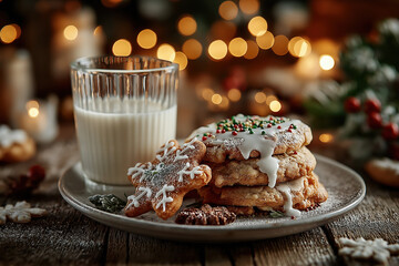 Cookies de Noël faits maison avec verre de lait, décorations festives et ambiance chaleureuse hivernale, tradition gourmande du Père Noël