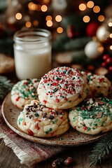 Cookies de Noël faits maison avec verre de lait, décorations festives et ambiance chaleureuse hivernale, tradition gourmande du Père Noël