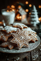Cookies de Noël faits maison avec verre de lait, décorations festives et ambiance chaleureuse hivernale, tradition gourmande du Père Noël