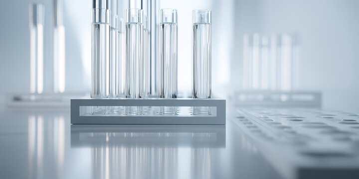 Collection of clear test tubes arranged neatly on a laboratory bench under bright lighting - Powered by Adobe