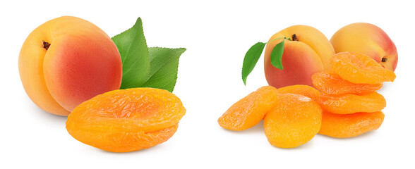 Dried and fresh apricots isolated on white background with full depth of field.