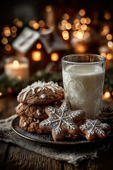 Cookies de Noël faits maison avec verre de lait, décorations festives et ambiance chaleureuse hivernale, tradition gourmande du Père Noël