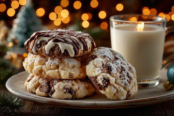 Cookies de Noël faits maison avec verre de lait, décorations festives et ambiance chaleureuse hivernale, tradition gourmande du Père Noël