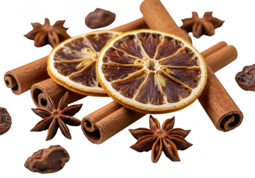 Closeup of dried orange slices with cinnamon sticks and star anise, isolated on transparent background