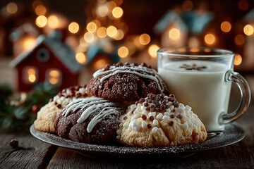 Cookies de Noël faits maison avec verre de lait, décorations festives et ambiance chaleureuse hivernale, tradition gourmande du Père Noël