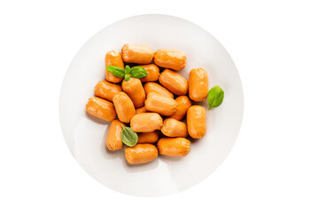 Sausage mini meat portion size fast food natural product tasty snack fresh delicious gourmet food background on table rustic top view copy space