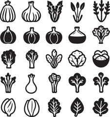 Set of organic fresh vegetables icons vector black and white icons 