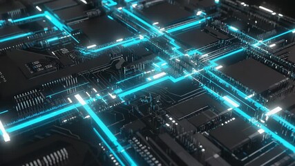 Futuristic neon circuit board animation with data flow - Powered by Adobe
