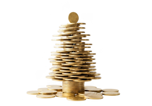 A stack of gold coins arranged in the shape of a christmas tree, isolated on transparent background
