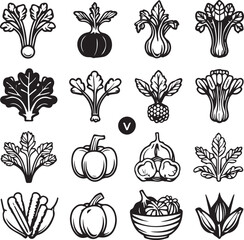 Set of organic fresh vegetables icons vector black and white icons 