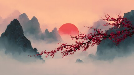 Tranquil oriental landscape with red sun mountains and blossoming branches