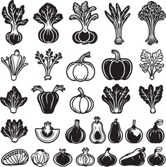 Set of organic fresh vegetables icons vector black and white icons 