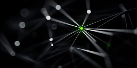 Intricate network of lines and points glowing in green and white against a black background