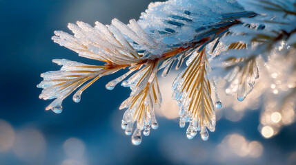 Close-up of Pine Needles and Ice Drops Covered in Frost, Illuminated by Warm Morning Sunlight
