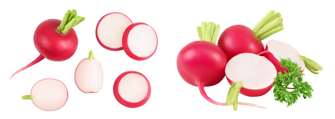 Radish with slices isolated on white background. Top view. Flat lay