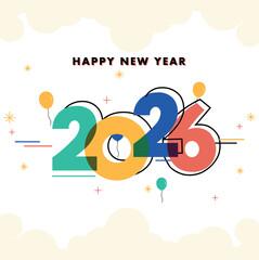 Happy New Year 2026 Colorful Typography Vector with Balloons and Decorative Elements