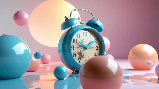 Blue alarm clock surrounded by colorful spherical objects on pastel studio background