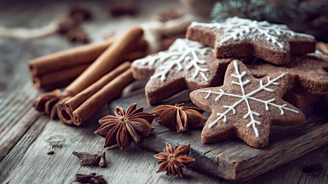 Star-Shaped Gingerbread Cookies with White Icing Snowflakes, Star Anise, and Cinnamon Spices