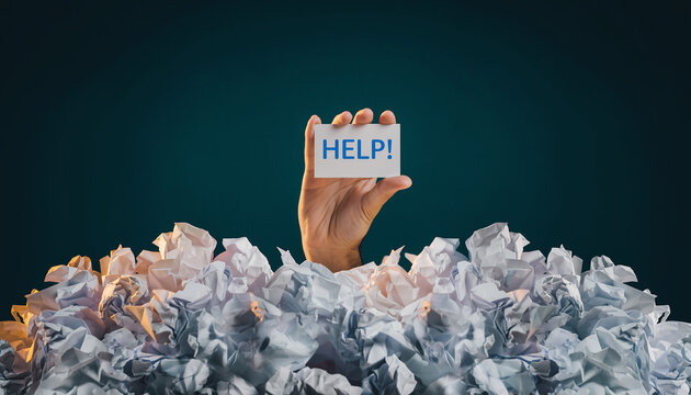 Hand holding aHELP sign rising from a mound of crumpled white paper help - Powered by Adobe