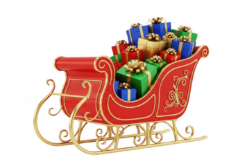 Red and gold santas sleigh overflowing with colorful christmas presents and gifts isolated on transparent background