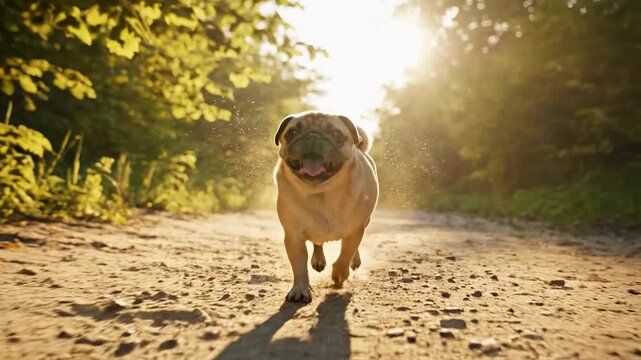 Happy Pug Dog Running on a Dirt Path in Golden Hour Sunlight.