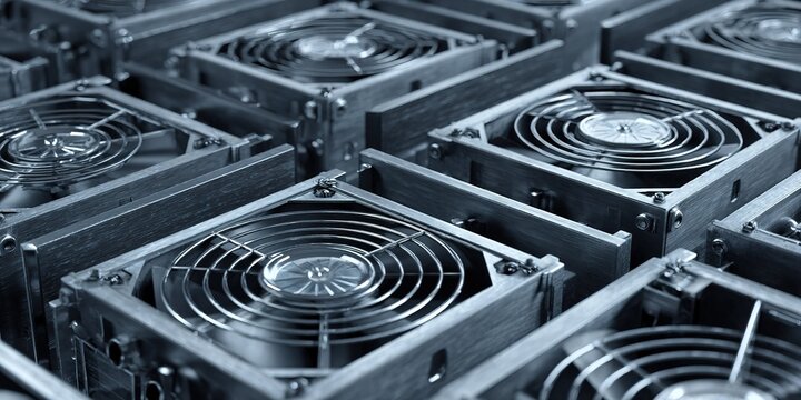 Close view of multiple computer cooling fans arranged in a grid pattern in a tech workspace during daytime