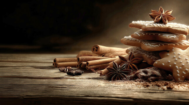 Spiced Gingerbread Cookies Stacked on Rustic Wood with Cinnamon and Star Anise in Warm Low Light