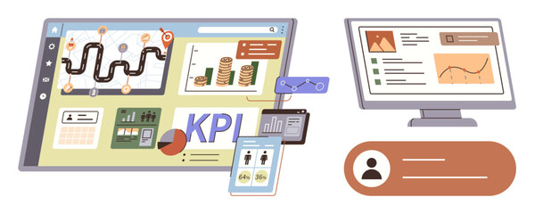 Analytics dashboard showcasing KPI metrics, charts, organizational process, and profile data on screens. Ideal for workflow automation, project management, data metrics, performance analysis