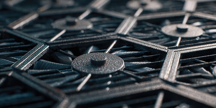 Detail of intricate hexagonal pattern made from metal showing textures and components in close-up view