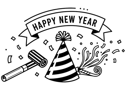 Happy New Year party celebration with hat, noisemakers, and confetti. Black and white line art vector illustration for a holiday greeting card.