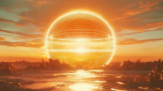 Glowing sci fi orb illuminating alien landscape at sunset