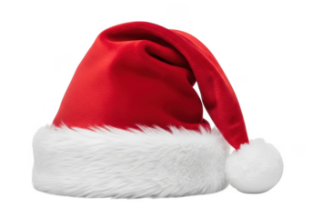 A red santa hat with a white fur trim and a white pompom, isolated on transparent background